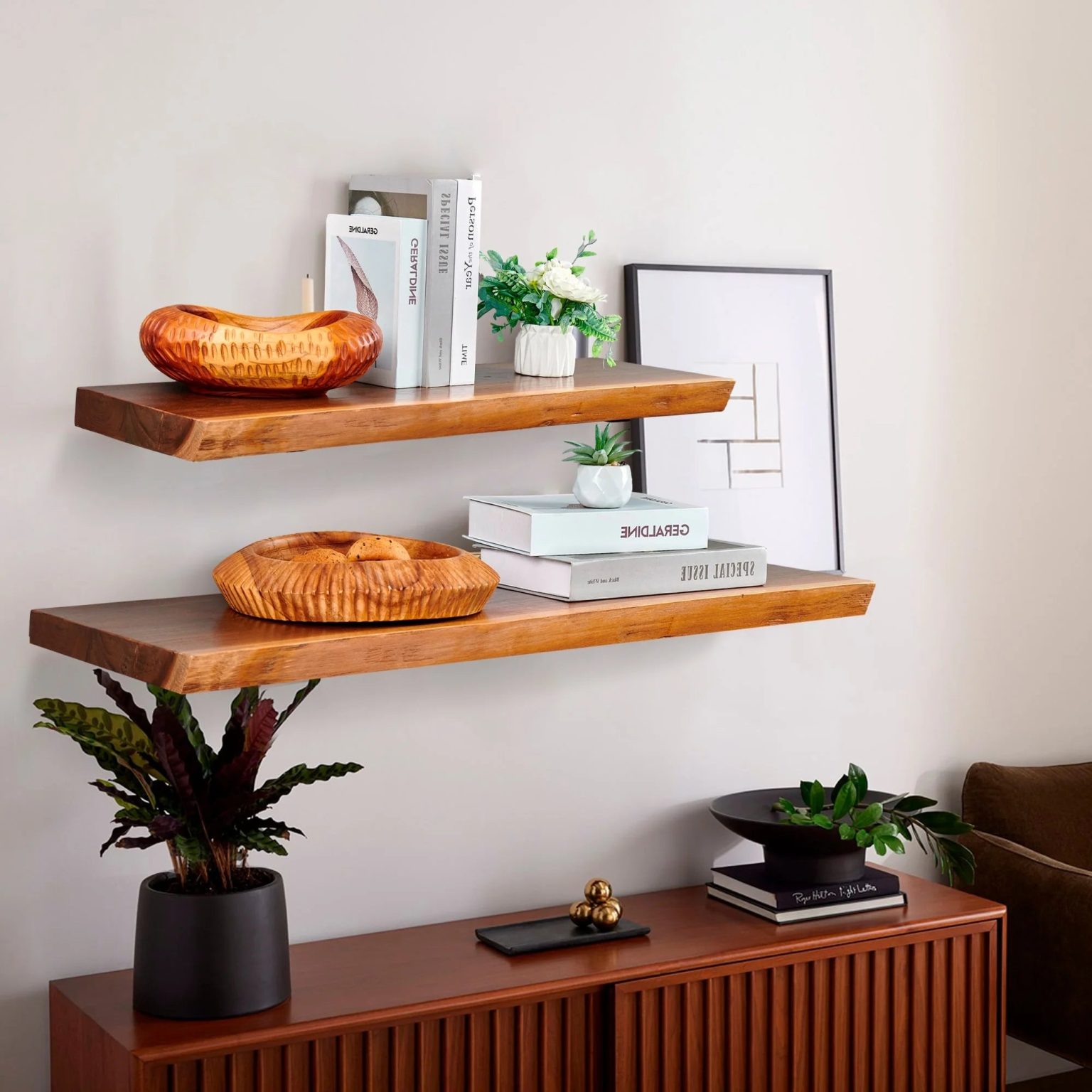 ZenVora 1 Piece Teak Wood Wall Shelf with Live Edge, Rustic Floating Shelf for Home Decor