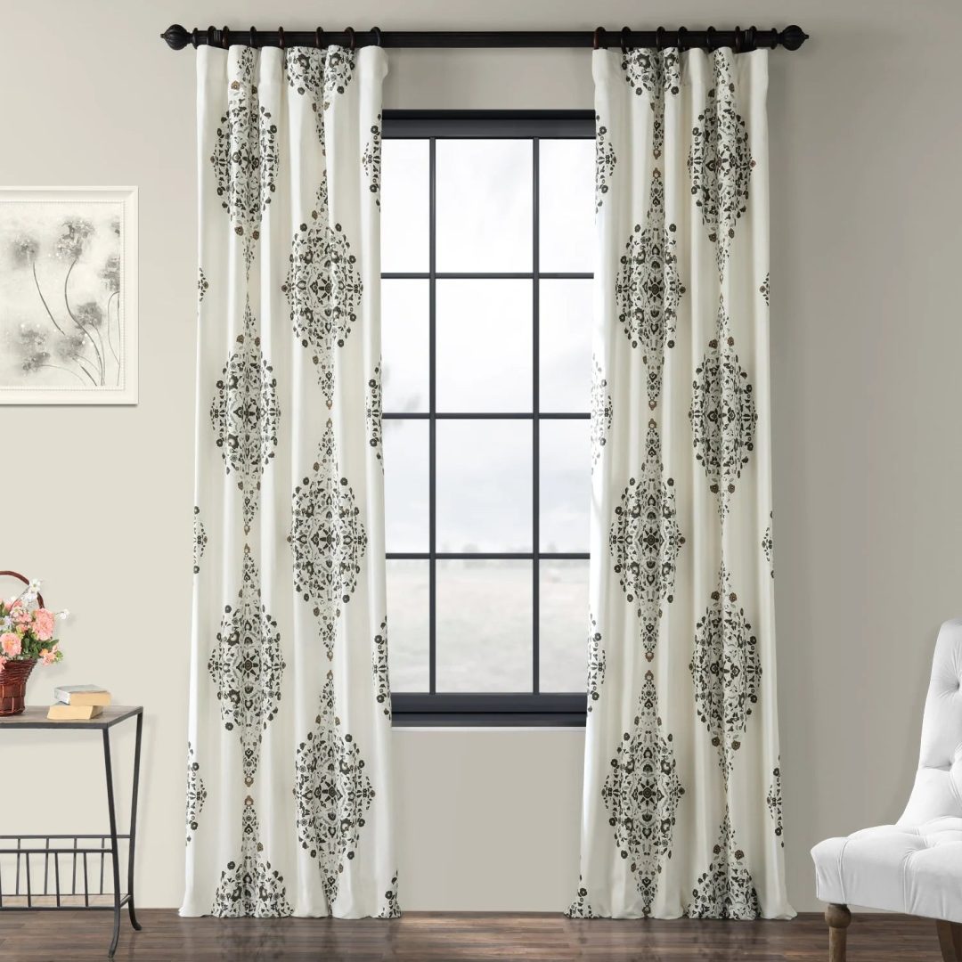 Medallion Damask Printed Cotton Room Darkening Curtain Panel, 1 Piece