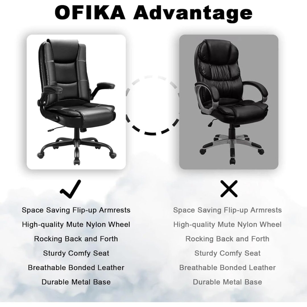 ZenVora Big and Tall Ergonomic Office Chair, High Back Leather Executive Computer Chair with Padded Flip-Up Arms
