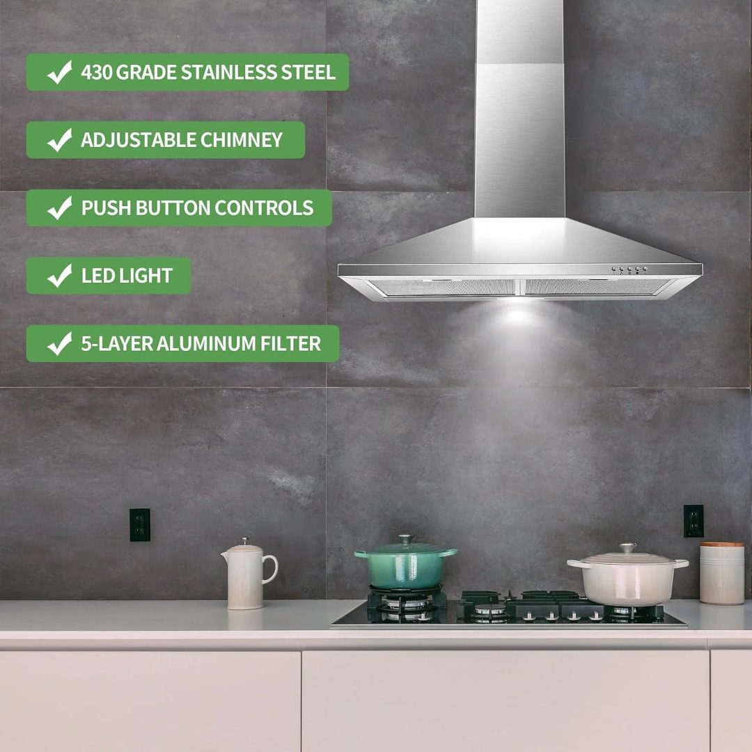 30 Inch Wall Mount Stainless Steel Range Hood, Modern Kitchen Exhaust Vent Hood with LED Light