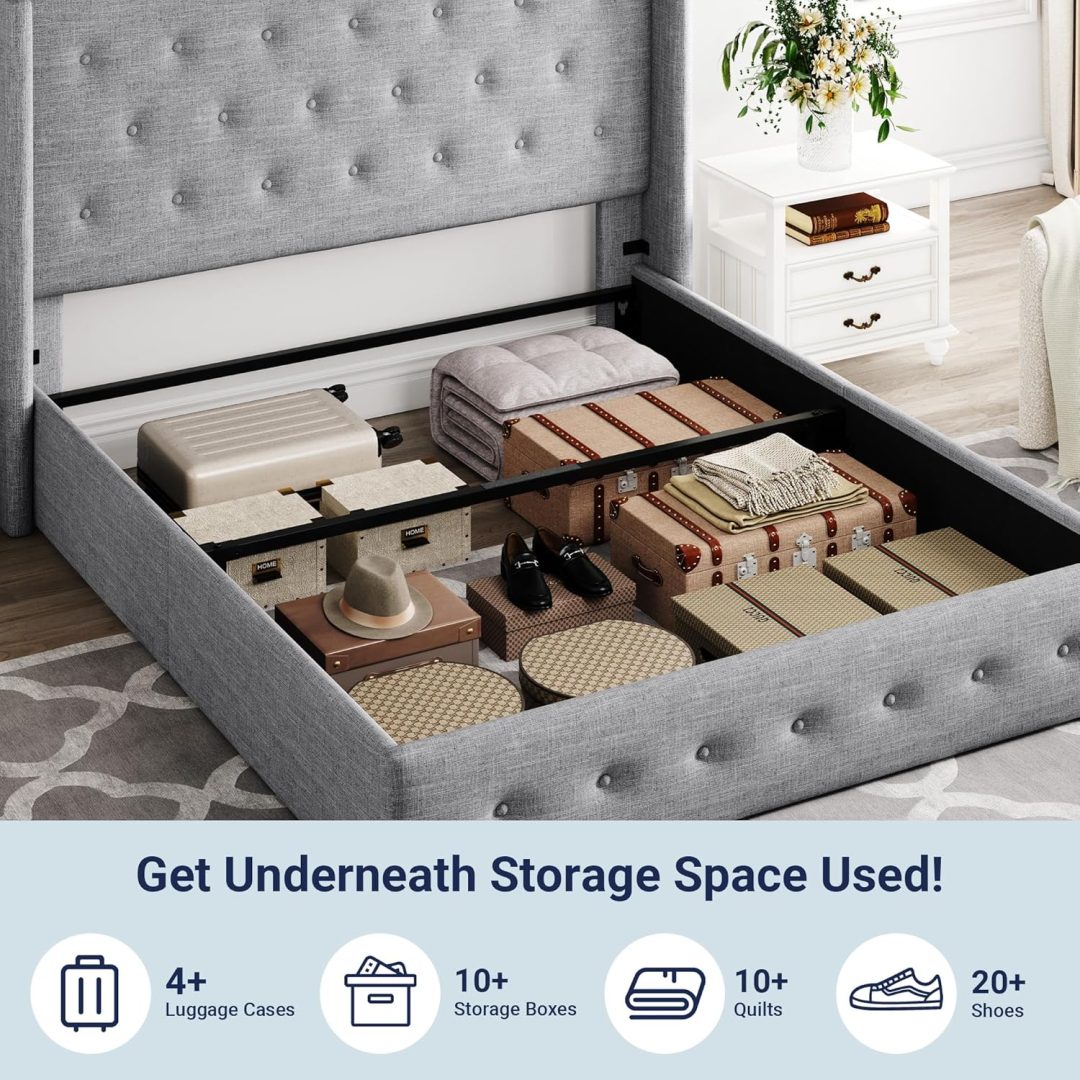 ZenVora Queen Size Lift Up Storage Bed with Wingback Headboard, Upholstered Platform Bed Frame with Hidden Storage