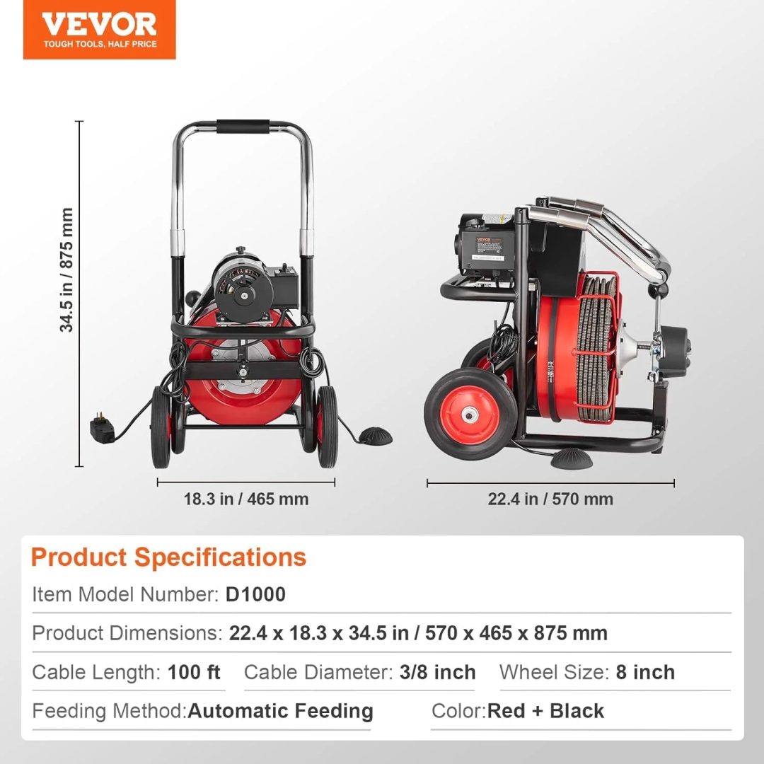 ZenVora 550W Drain Cleaning Machine, 100-Ft. x 1/2-Inch Sewer Snake Auger with 8 Cutters, Wheels and Foot Switch, for 2-4-Inch Pipes