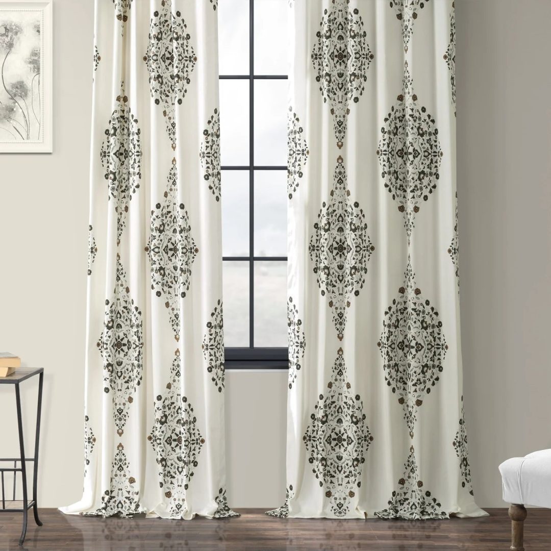 Medallion Damask Printed Cotton Room Darkening Curtain Panel, 1 Piece