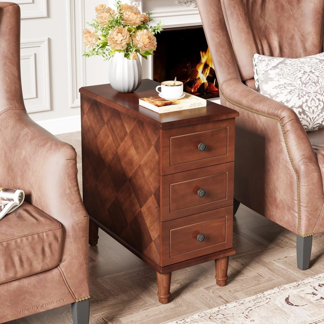 ZenVora Fully Assembled Narrow End Table, Solid Wood Side Table with 3 Drawers, Vintage Nightstand for Small Spaces