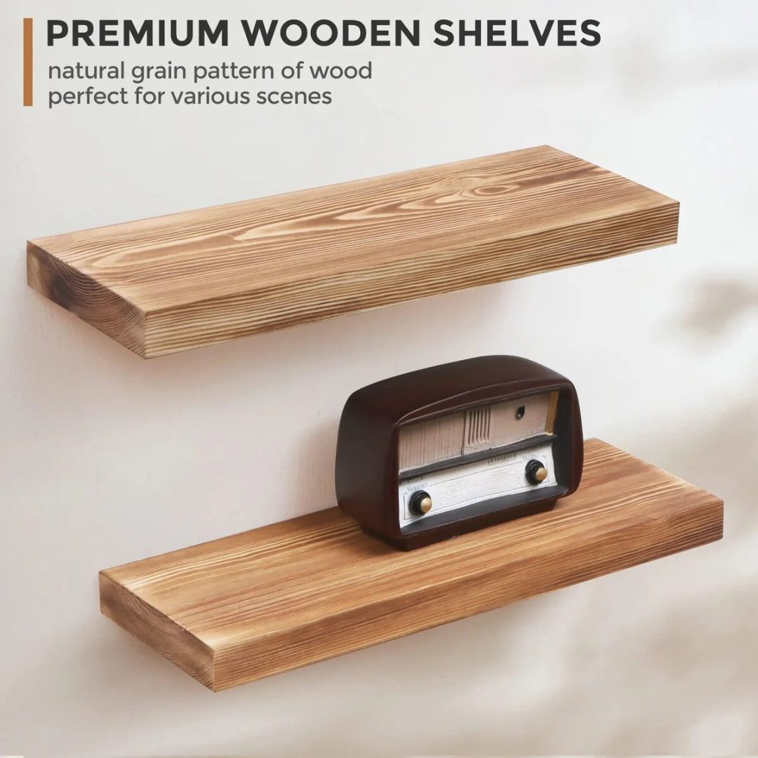 ZenVora Set of 2 Handcrafted European Pine Floating Wall Shelves, Natural Rustic Wood