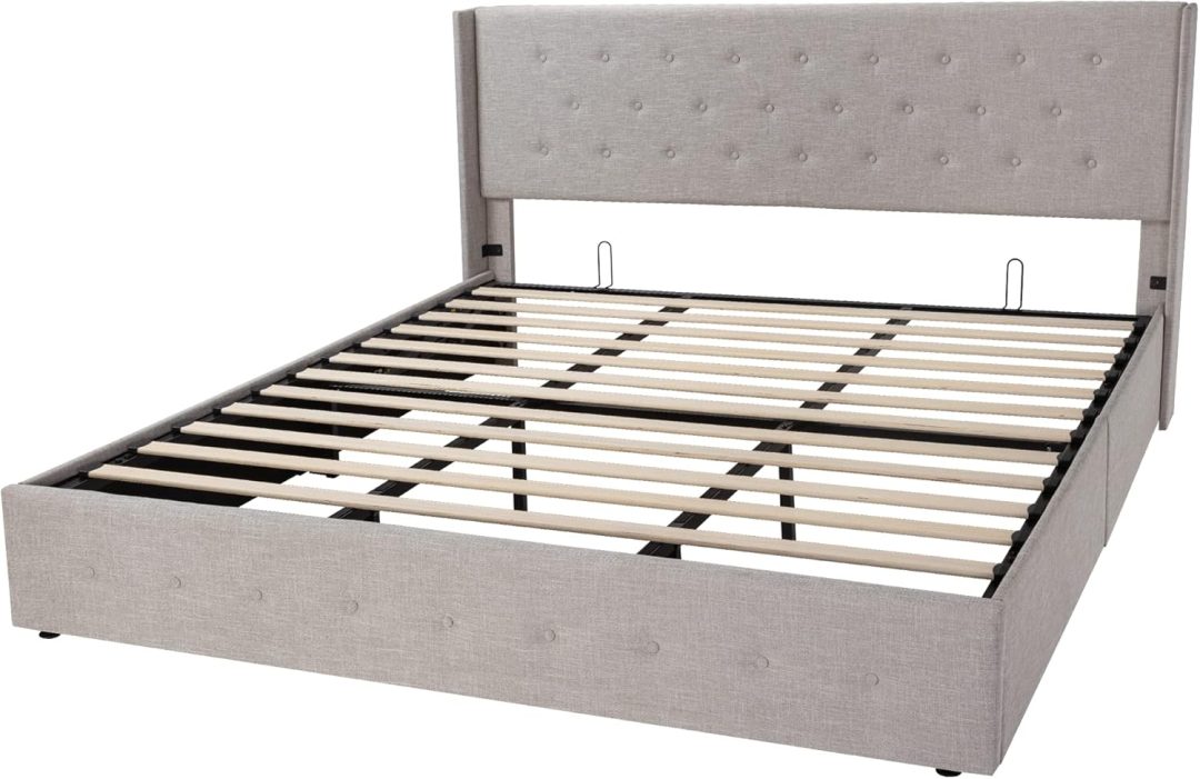 ZenVora Queen Size Lift Up Storage Bed with Wingback Headboard, Upholstered Platform Bed Frame with Hidden Storage
