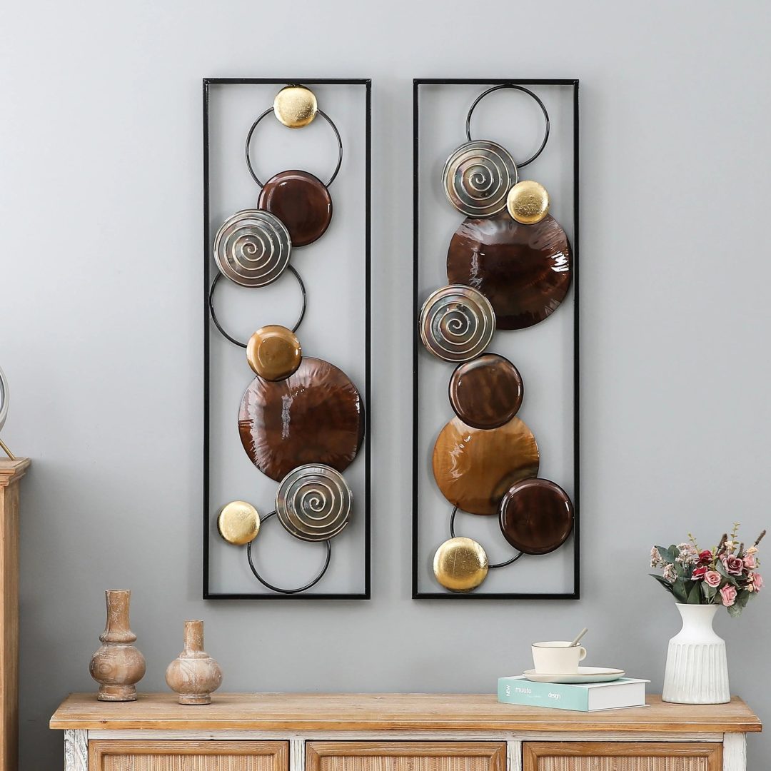 ZenVora Set of 2 Modern Gold and Brown Metal Wall Decor, Abstract Decorative Wall Art for Living Room, Bedroom and Home Decoration