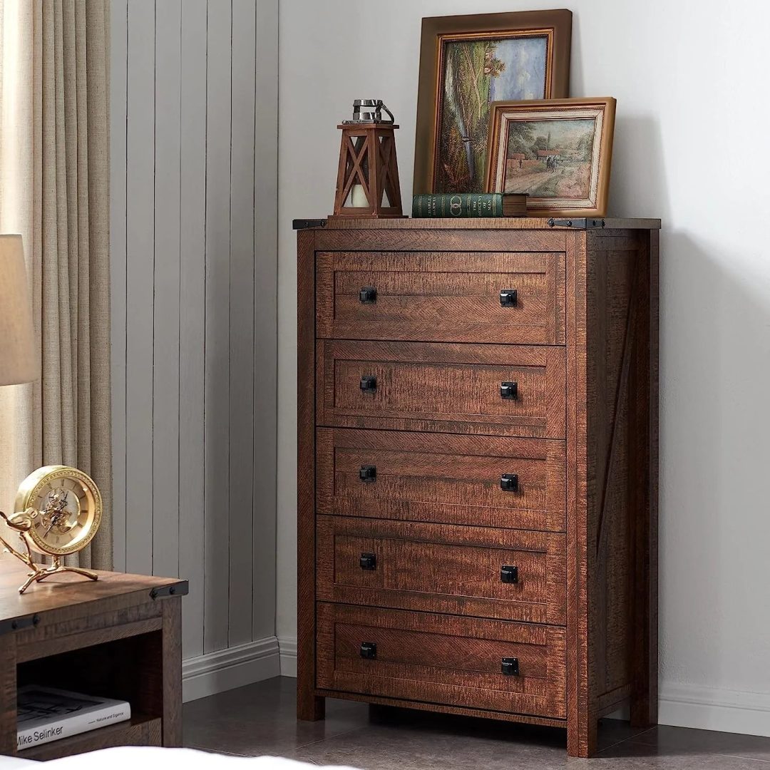 ZenVora 48 Inch Tall Farmhouse Wood Dresser, 5 Drawer Chest of Drawers for Bedroom