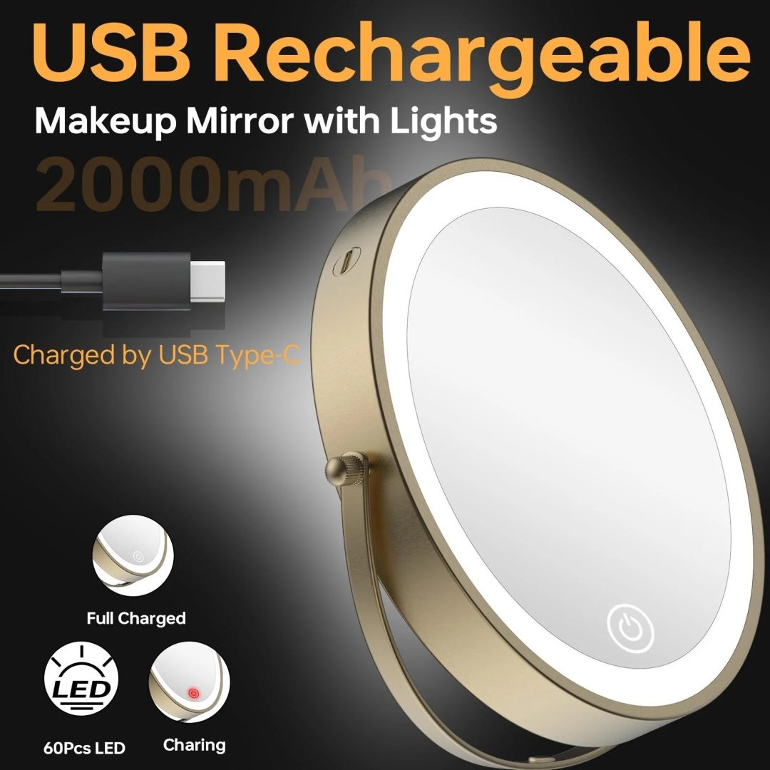 ZenVora 8 Inch Round Wall Mounted Makeup Mirror, Rechargeable, 1X/10X Magnification, 3-Color LED Lights