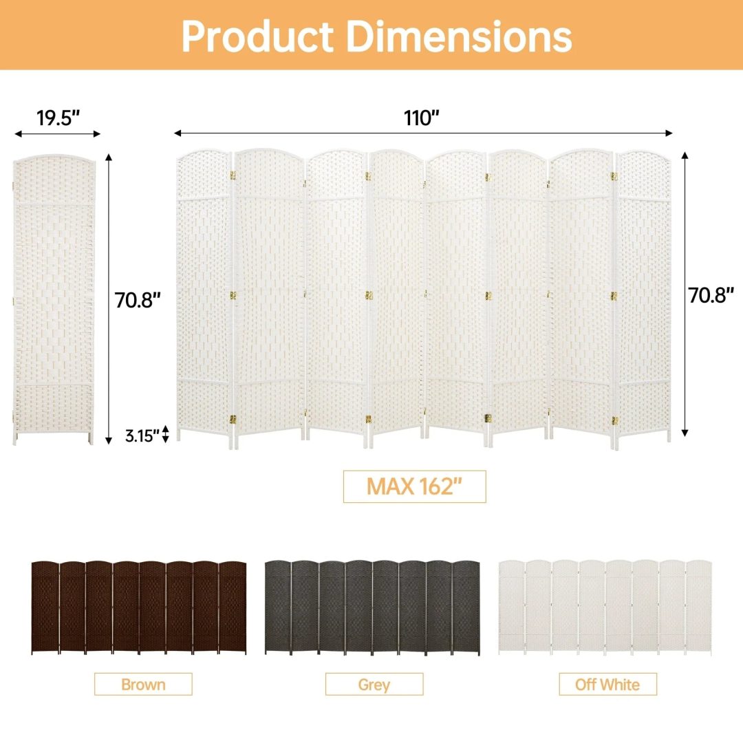 ZenVora 6 FT Tall Woven Fiber Room Divider, Freestanding Folding Privacy Screen