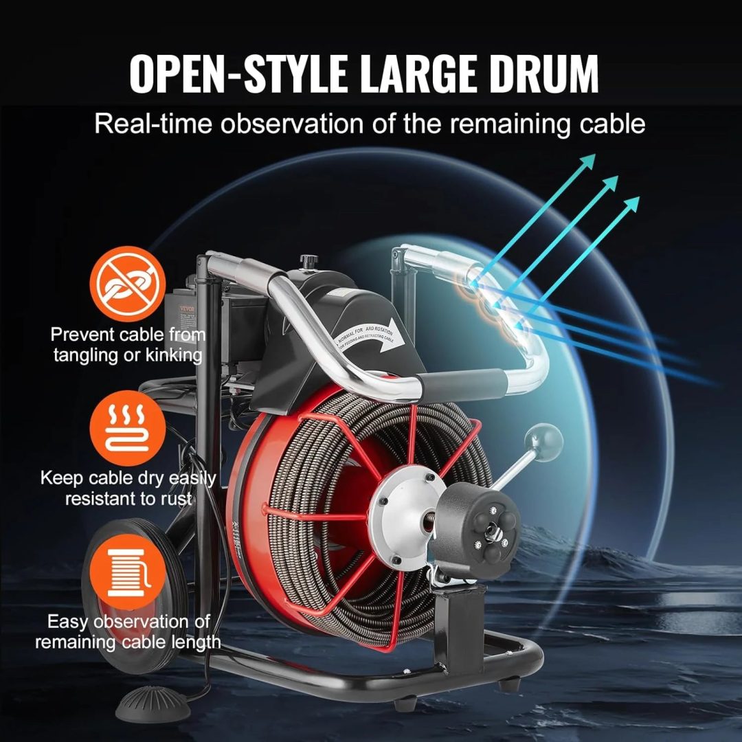 ZenVora 550W Drain Cleaning Machine, 100-Ft. x 1/2-Inch Sewer Snake Auger with 8 Cutters, Wheels and Foot Switch, for 2-4-Inch Pipes