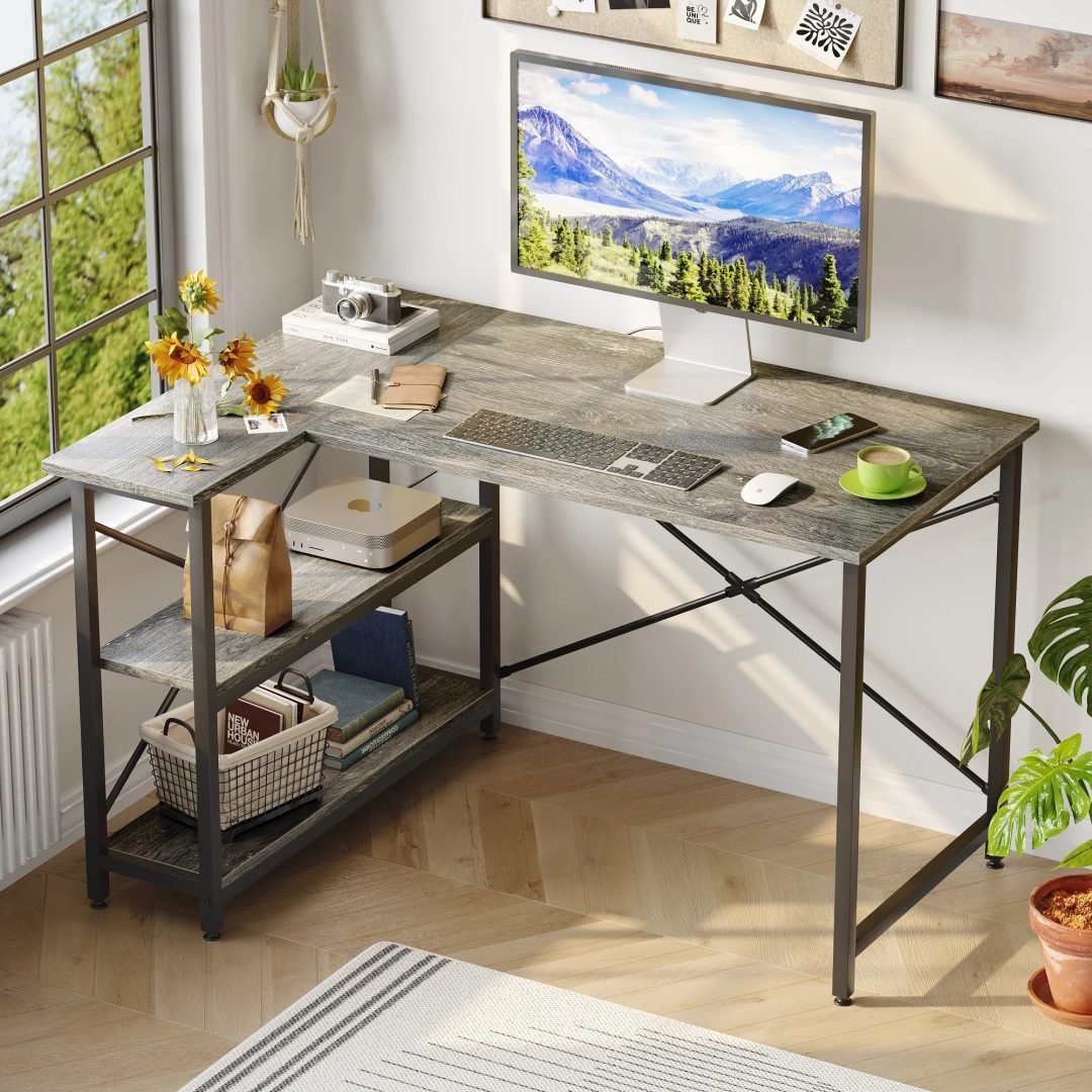 ZenVora Small L Shaped Computer Desk with Storage Shelves, Compact Corner Workstation for Home Office and Study