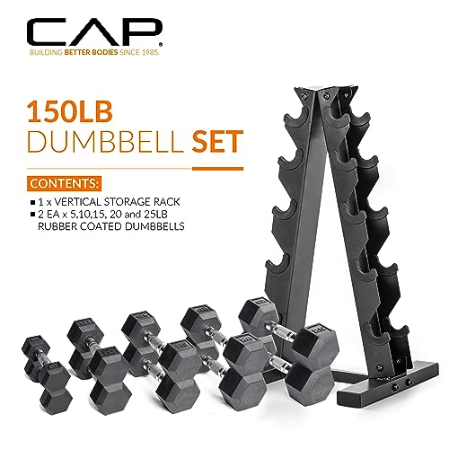 ZenVora 150 LB Coated Hex Dumbbell Weight Set with Vertical Rack, Black