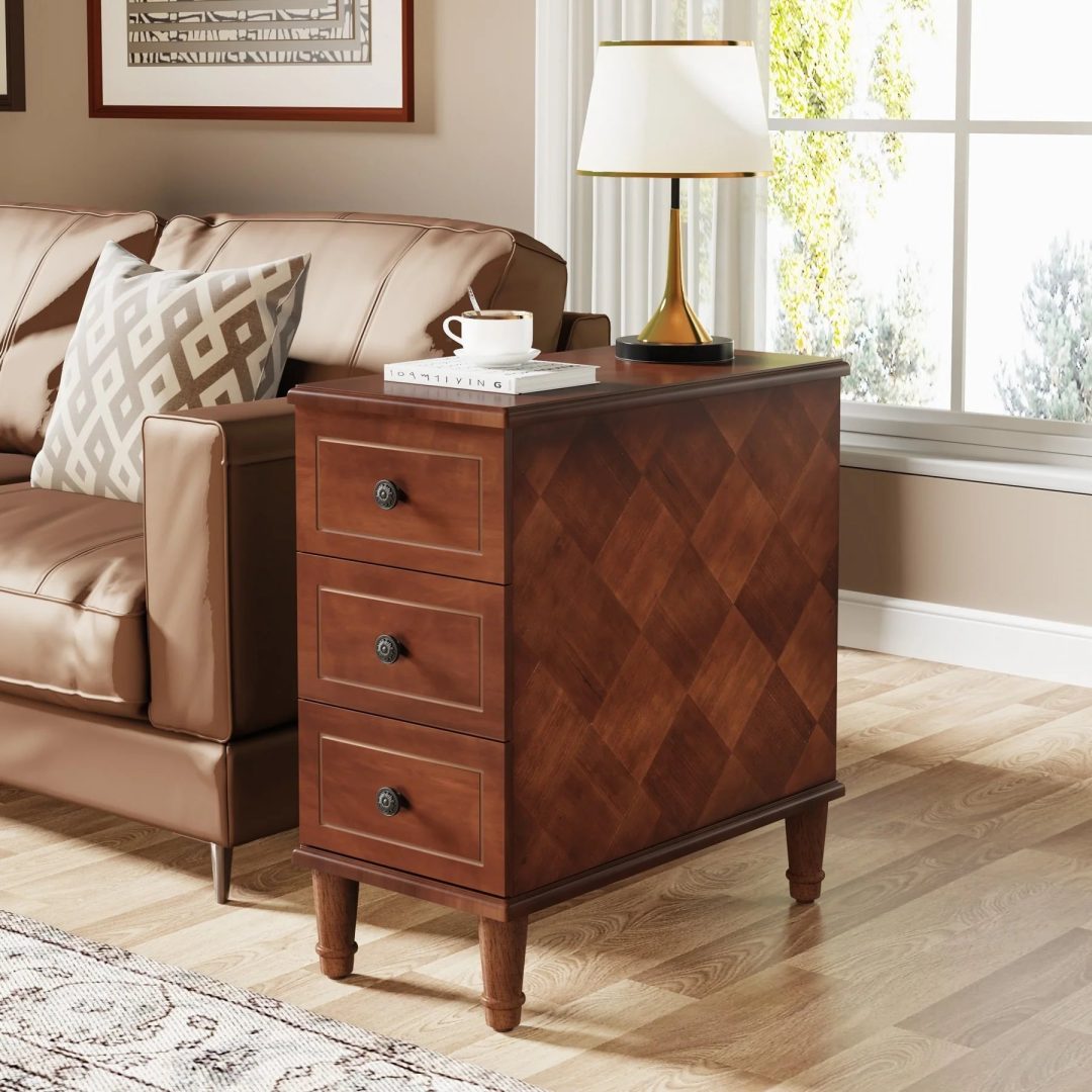 ZenVora Fully Assembled Narrow End Table, Solid Wood Side Table with 3 Drawers, Vintage Nightstand for Small Spaces