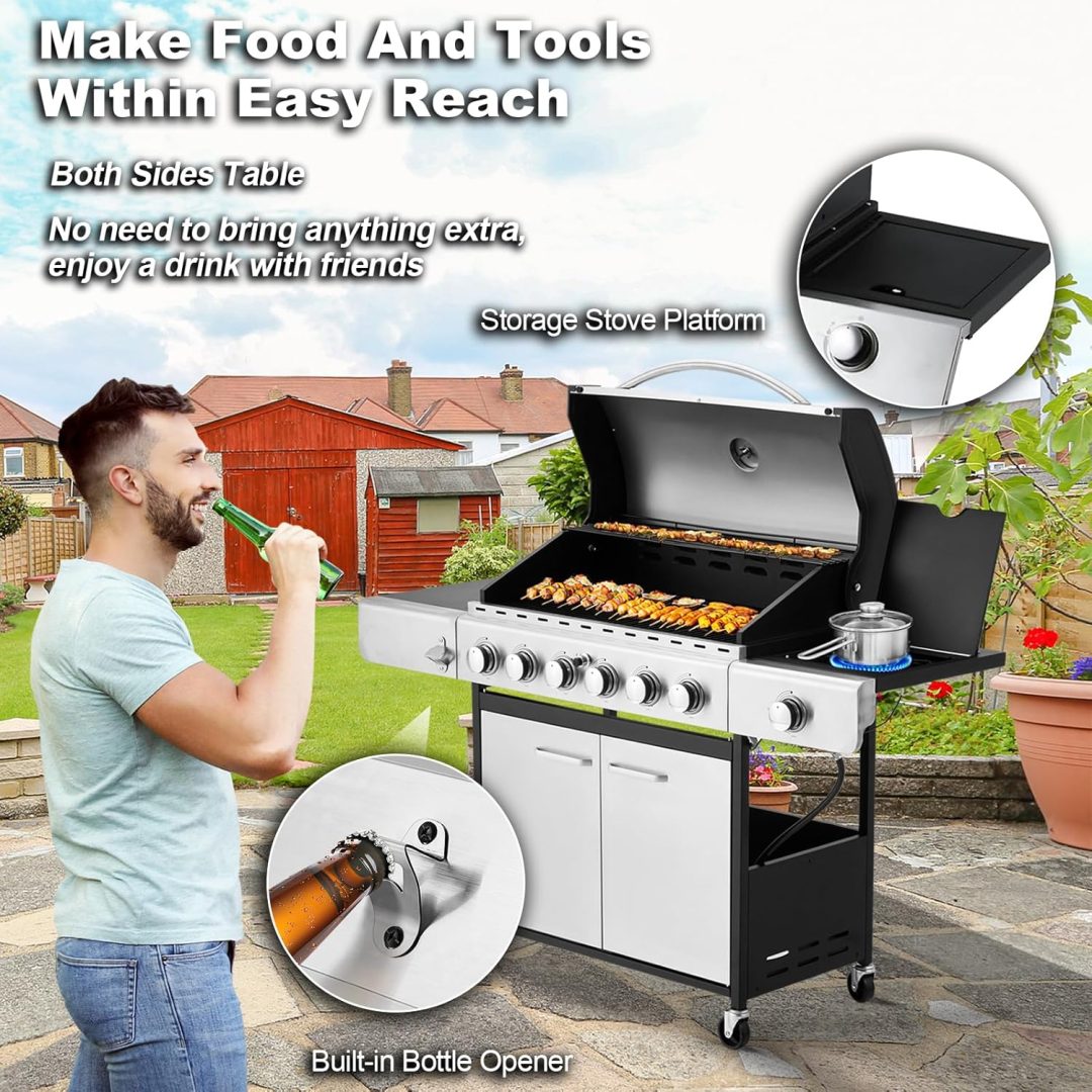 ZenVora 4-Burner Propane Gas Grill with Cast Iron Grates, Side Stove and 44,000 BTU Stainless Steel Burners
