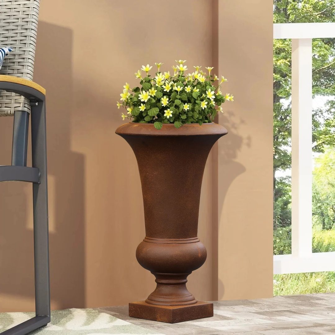 ZenVora 22.75" Tall Handmade Fiber Stone Urn Planter Pot, Decorative Outdoor Garden Flower Container for Patio and Home