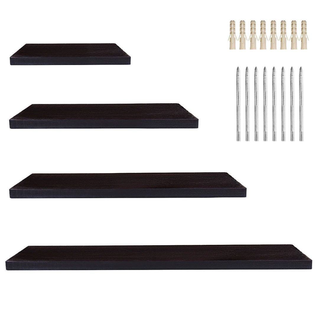 ZenVora 4-Piece Wood Floating Wall Shelves, White and Black Storage Shelf Set for Home Decor