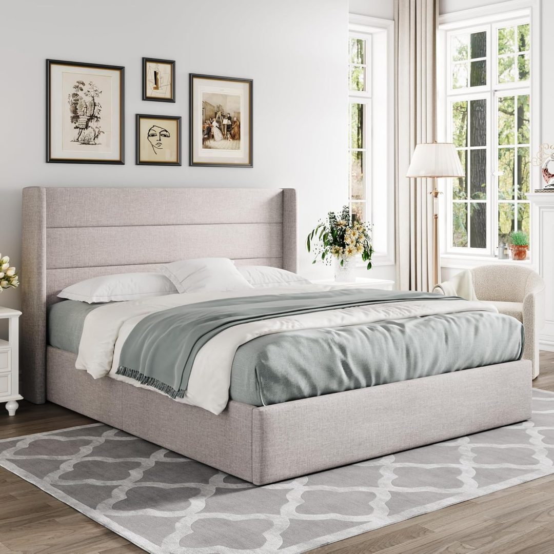 ZenVora Queen Size Lift Up Storage Bed with Wingback Headboard, Upholstered Platform Bed Frame with Hidden Storage