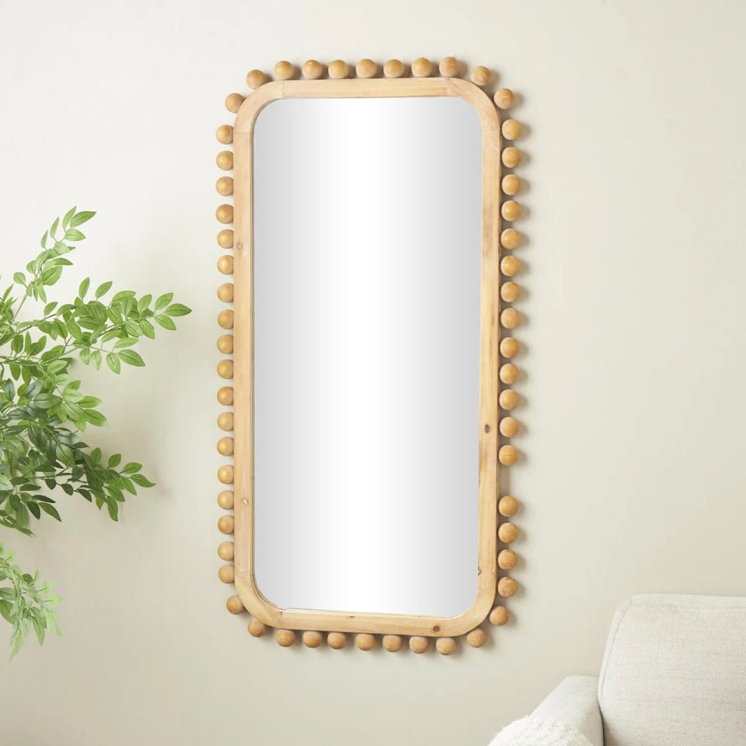 ZenVora Brown Wood Wall Mirror with Beaded Frame, Rustic Decorative Mirror for Home