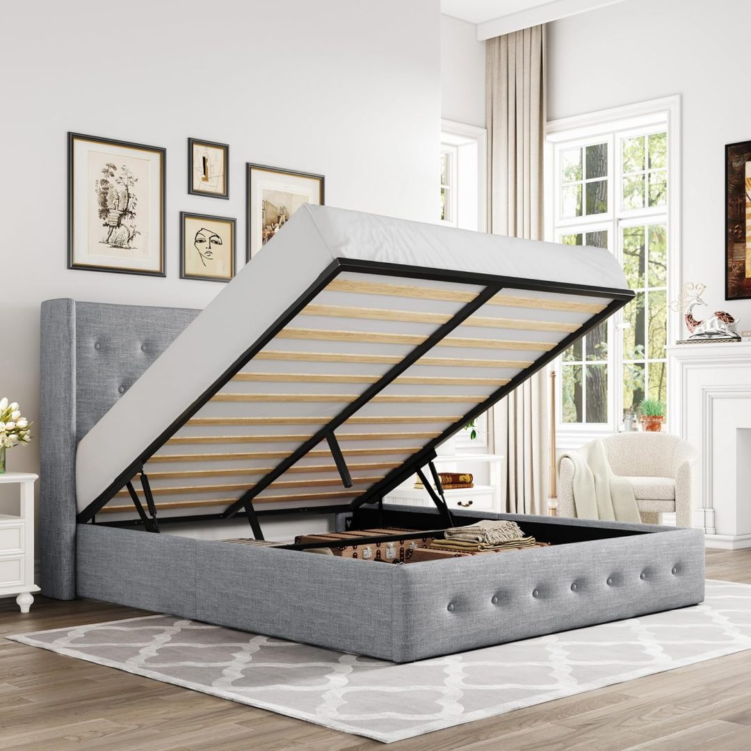 ZenVora Queen Size Lift Up Storage Bed with Wingback Headboard, Upholstered Platform Bed Frame with Hidden Storage