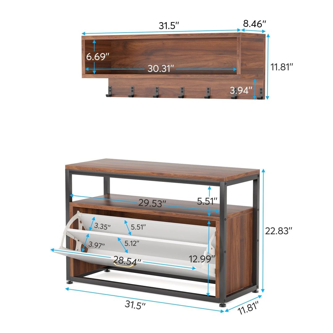 ZenVora Entryway Coat Rack and Shoe Bench Set, Industrial Hall Tree with Coat and Shoe Storage
