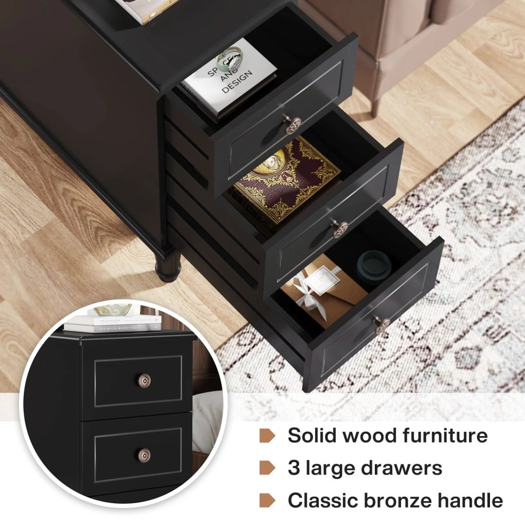 ZenVora Fully Assembled Narrow End Table, Solid Wood Side Table with 3 Drawers, Vintage Nightstand for Small Spaces