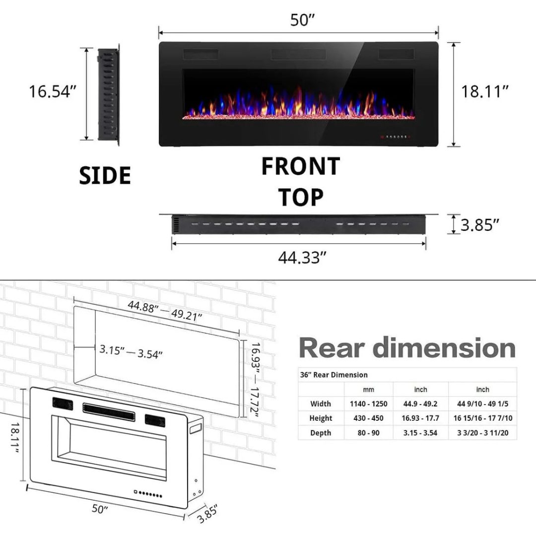 ZenVora Recessed Electric Fireplace Heater, Wall Mounted 750-1500W Fireplace with Remote Control