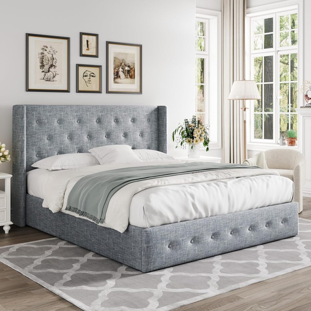 ZenVora Queen Size Lift Up Storage Bed with Wingback Headboard, Upholstered Platform Bed Frame with Hidden Storage