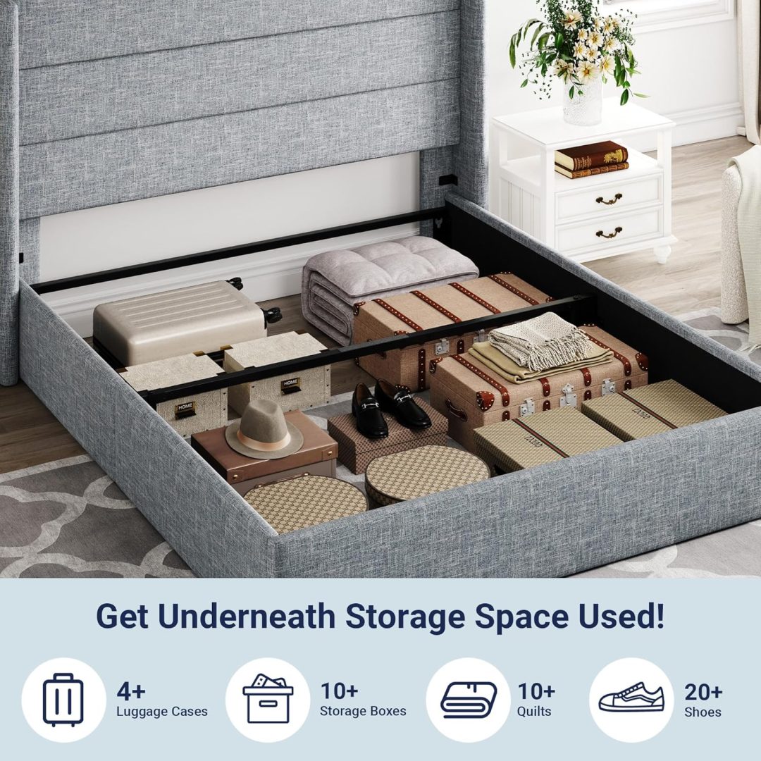 ZenVora Queen Size Lift Up Storage Bed with Wingback Headboard, Upholstered Platform Bed Frame with Hidden Storage