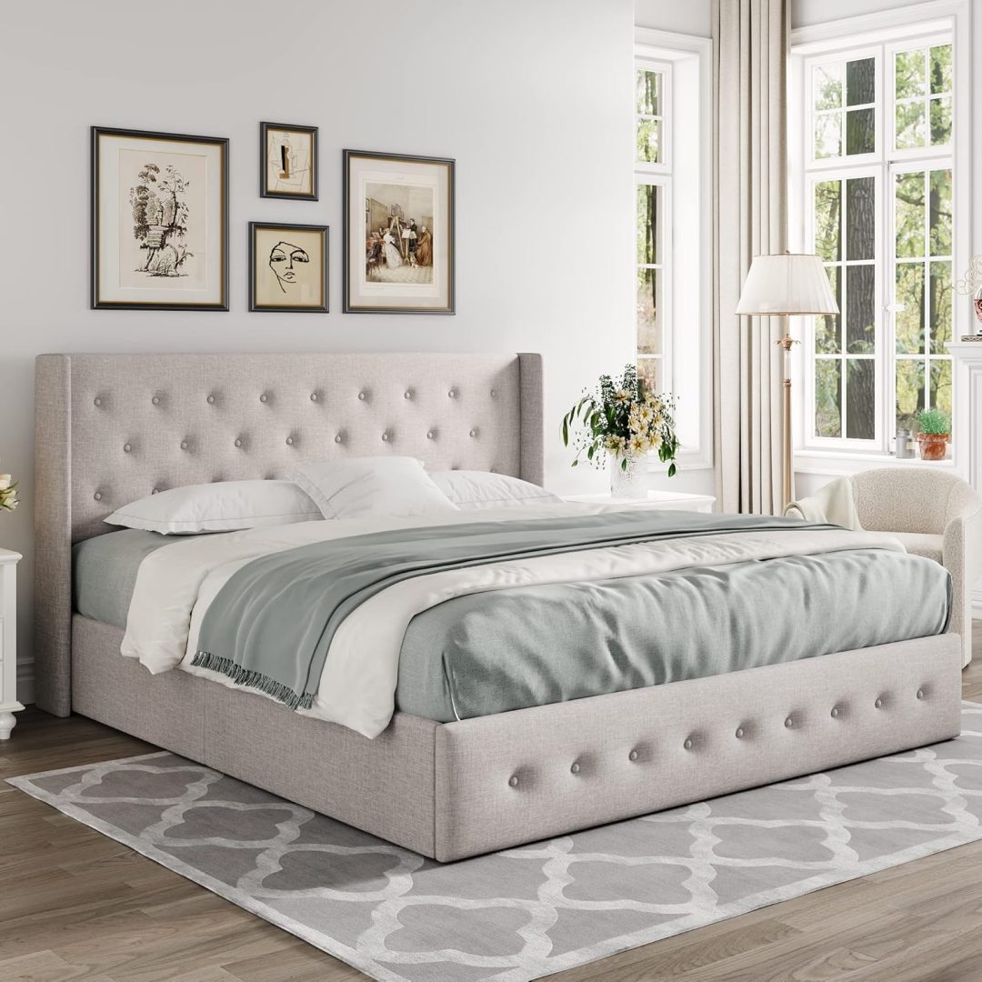 ZenVora Queen Size Lift Up Storage Bed with Wingback Headboard, Upholstered Platform Bed Frame with Hidden Storage