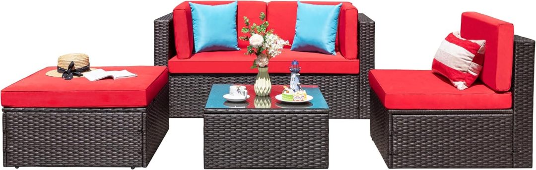 ZenVora 5-Piece All-Weather Patio Furniture Set with Ottoman, Outdoor Wicker Conversation Sofa Set with Cushions for Garden, Deck & Backyard