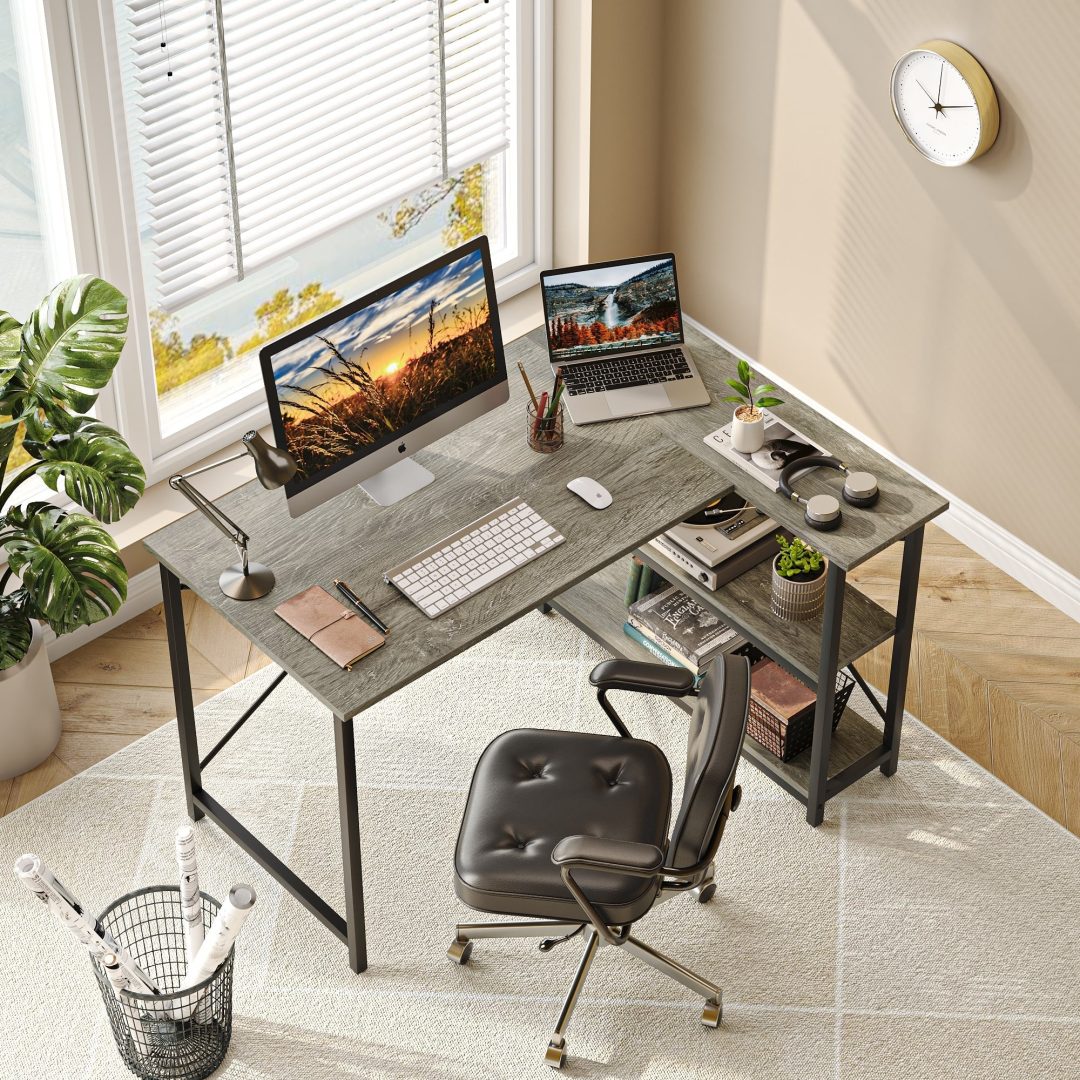 ZenVora Small L Shaped Computer Desk with Storage Shelves, Compact Corner Workstation for Home Office and Study