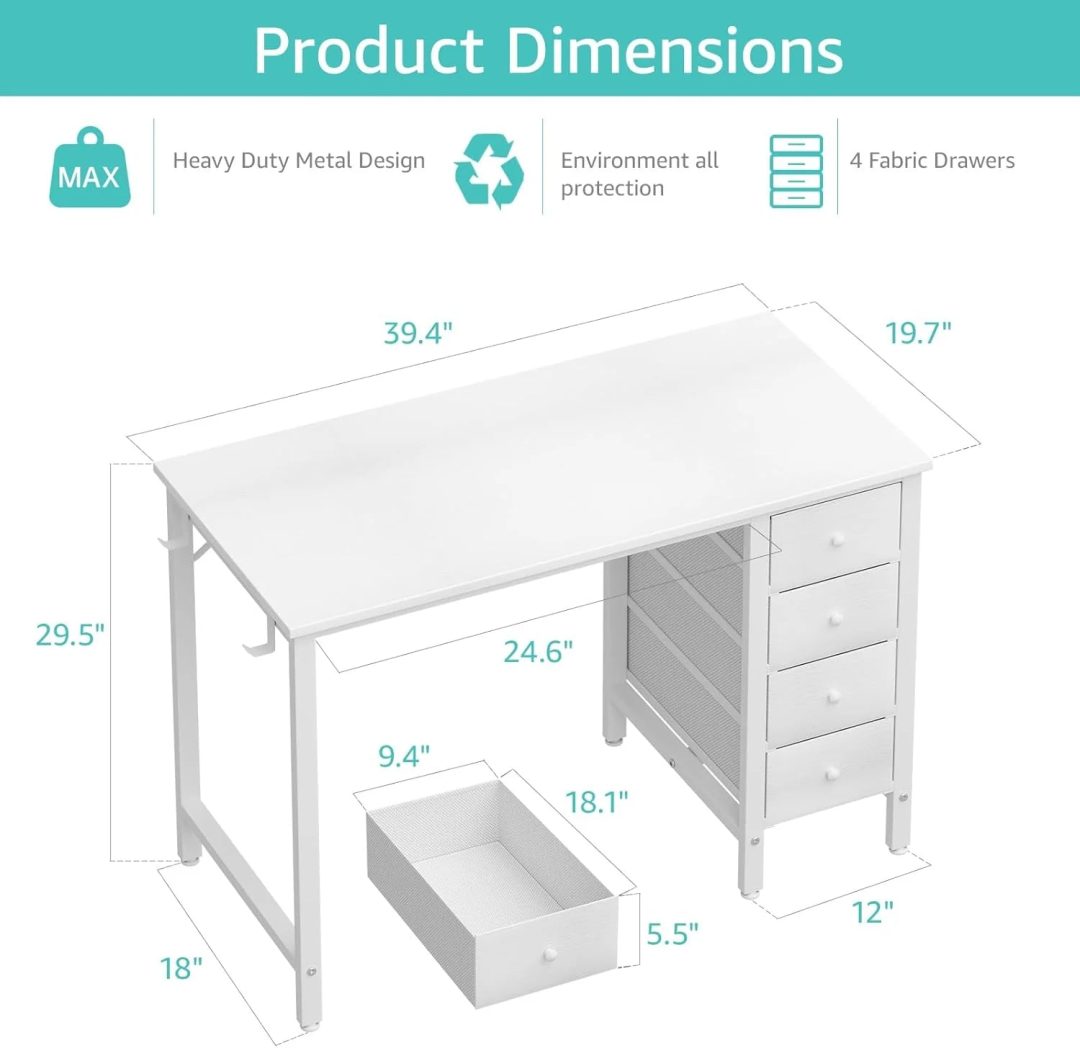 ZenVora 40 Inch Small White Desk with Fabric Drawers, Compact Computer Writing Desk for Home Office, Bedroom and Study