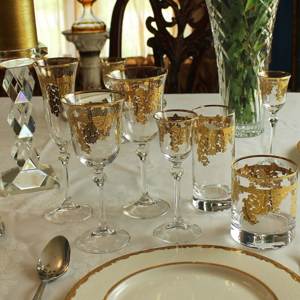 ZenVora Set of 4 24K Gold Embellished Crystal Highball Tumblers, Made in Italy