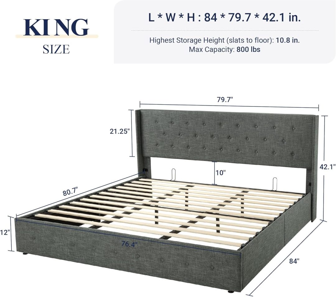 ZenVora Queen Size Lift Up Storage Bed with Wingback Headboard, Upholstered Platform Bed Frame with Hidden Storage