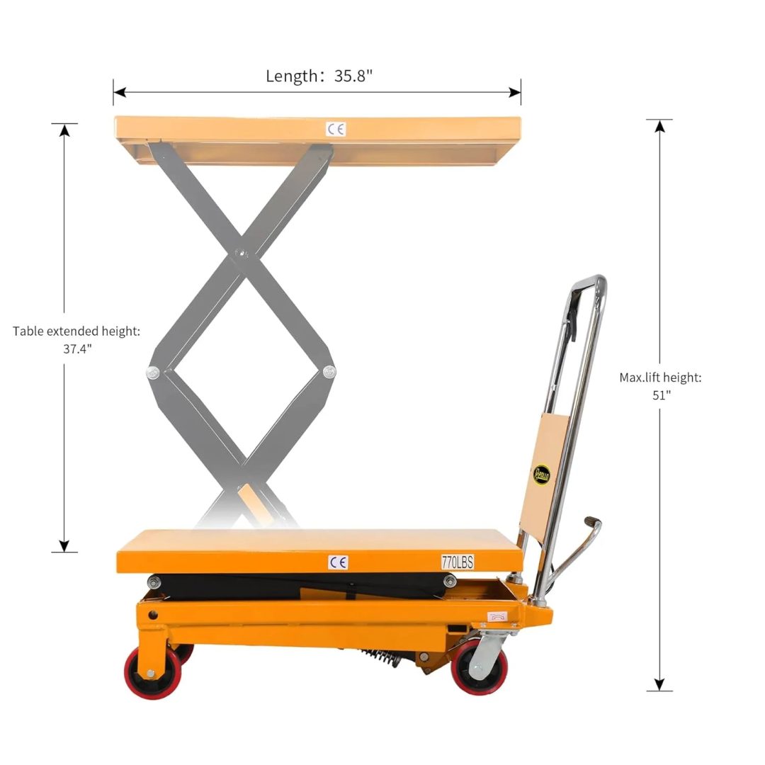 ZenVora Hydraulic Lift Table Cart 770 lbs Capacity, 51" Max Height, Double Scissor Lift with Safety Guard & 4 Wheels