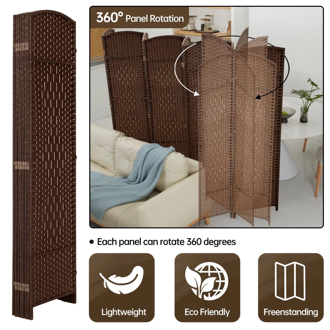 ZenVora 6 FT Tall Woven Fiber Room Divider, Freestanding Folding Privacy Screen