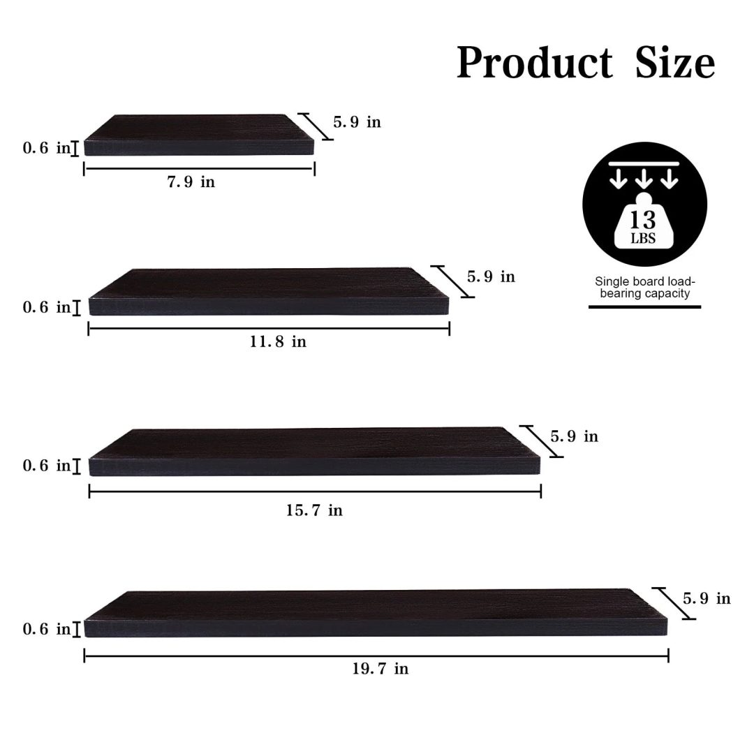 ZenVora 4-Piece Wood Floating Wall Shelves, White and Black Storage Shelf Set for Home Decor