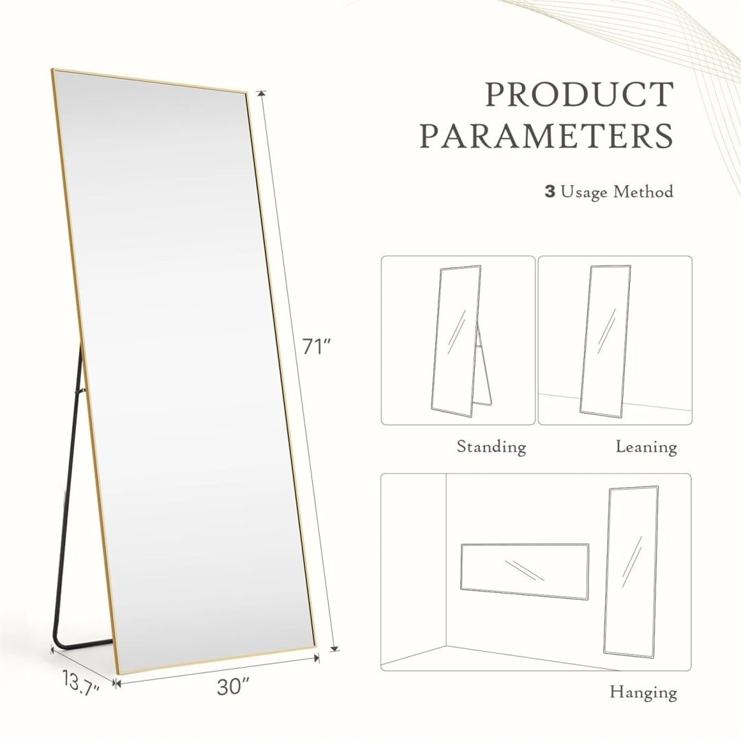 ZenVora Full Length Mirror with Stand, Aluminum Alloy Frame Full Body Floor Mirror for Bedroom and Cloakroom