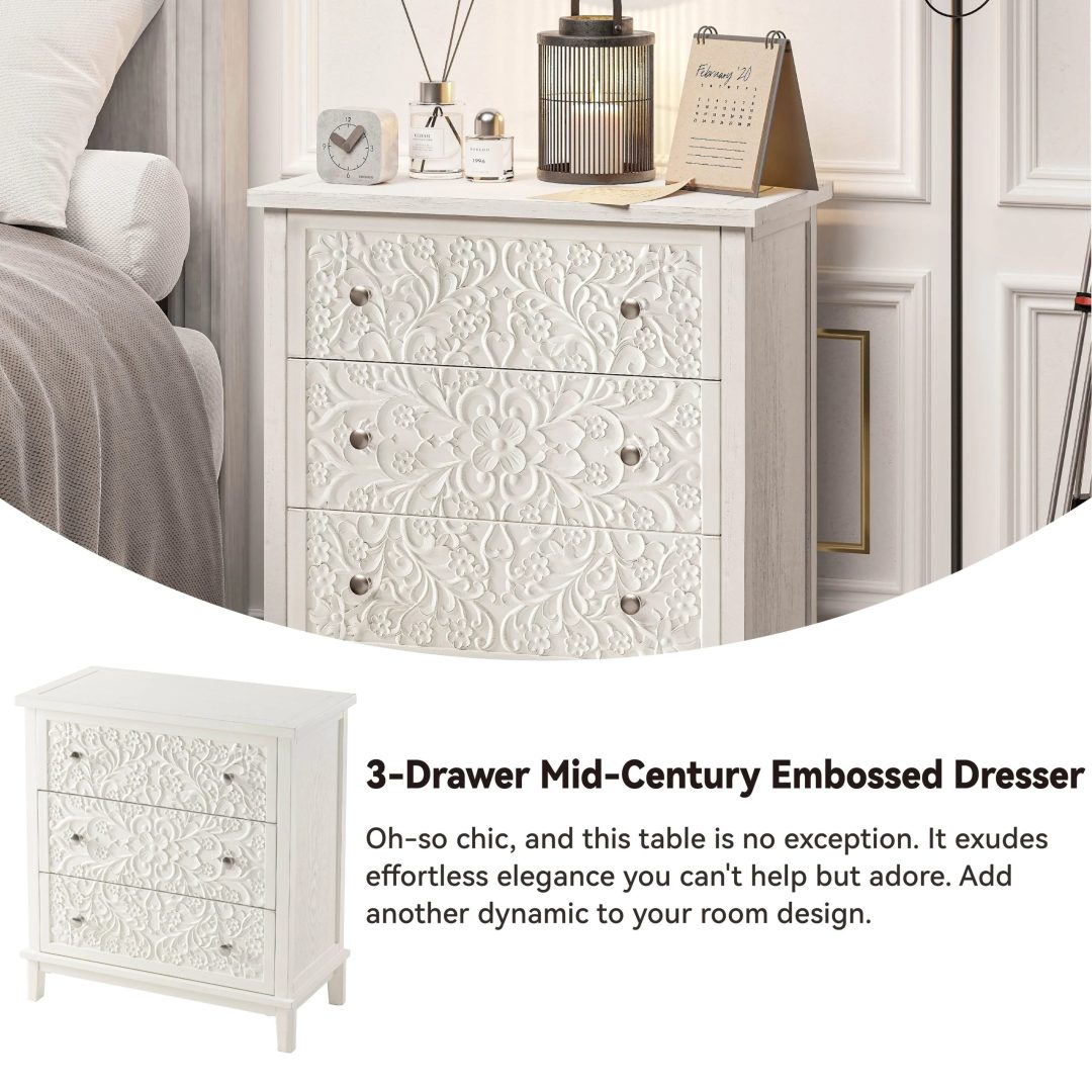 Farmhouse Fully Assembled Nightstand with 2 Drawers, Flower Motif End Table for Small Spaces
