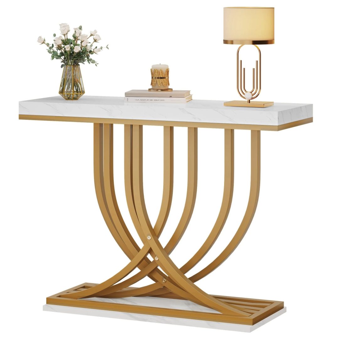 ZenVora Modern Gold Console Table with Marbled Top, Sofa Table for Entryway and Hallway