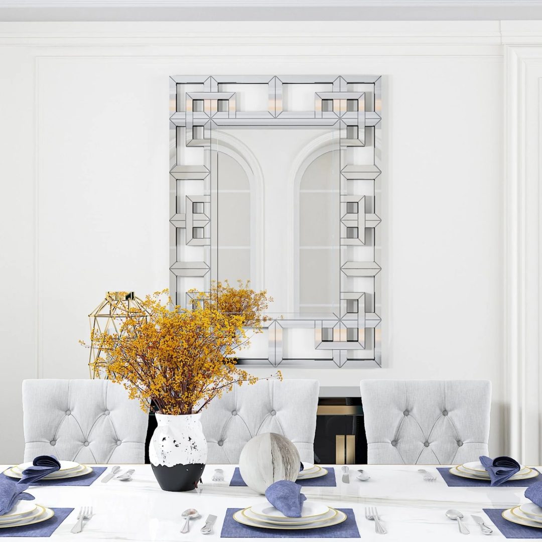 ZenVora Large Silver Geometric Wall Mirror, Modern Decorative Accent Mirror for Living Room, Bedroom and Entryway