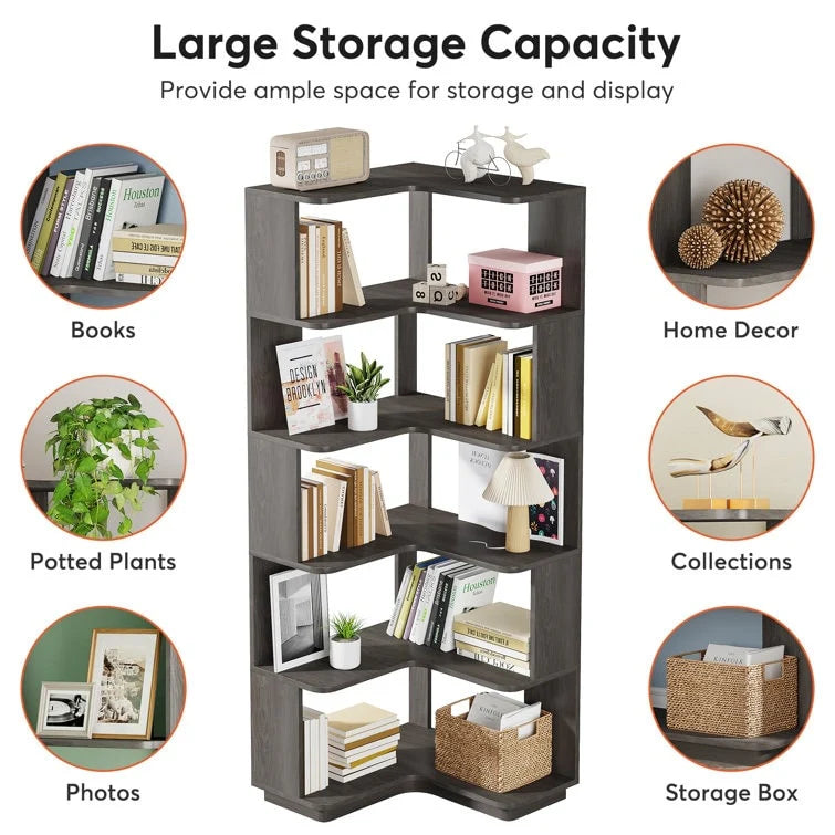 ZenVora 64.9 Inch Tall 6-Tier Corner Bookshelf, Freestanding Wood Industrial Bookcase