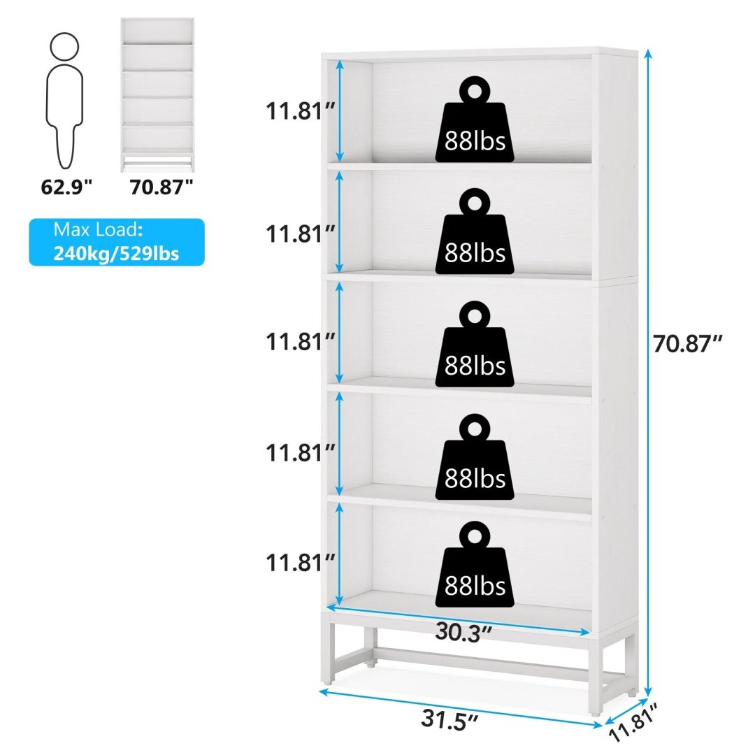 70.87 Inch Tall 5-Tier Bookcase, Large Bookshelf with 31.5 Inch Wide Storage