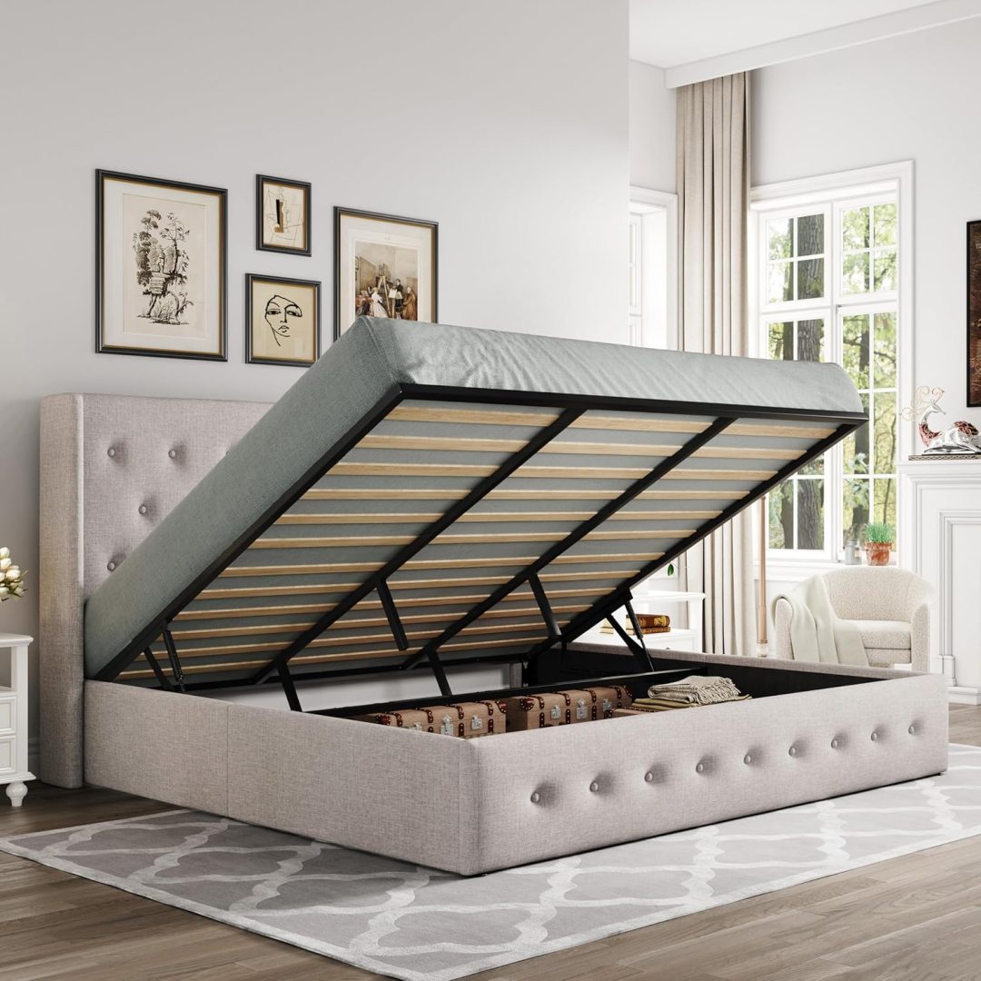 ZenVora Queen Size Lift Up Storage Bed with Wingback Headboard, Upholstered Platform Bed Frame with Hidden Storage