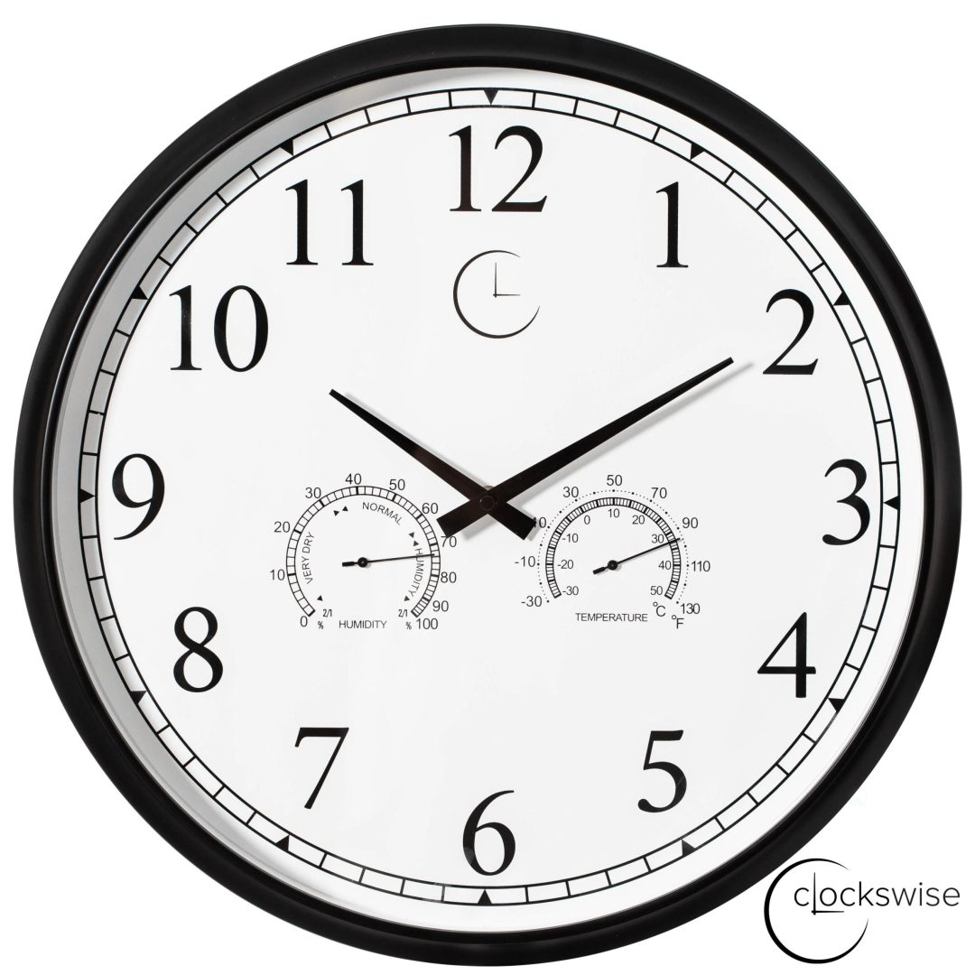Large Outdoor Wall Clock with Thermometer, Waterproof Silent Garden Weather Station, Black