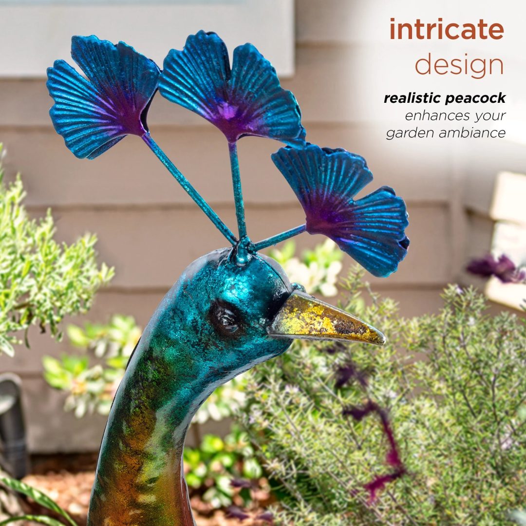 ZenVora Tall Metallic Peacock Garden Statue, Multicolor Outdoor Standing Bird Sculpture for Yard, Patio and Garden Decoration