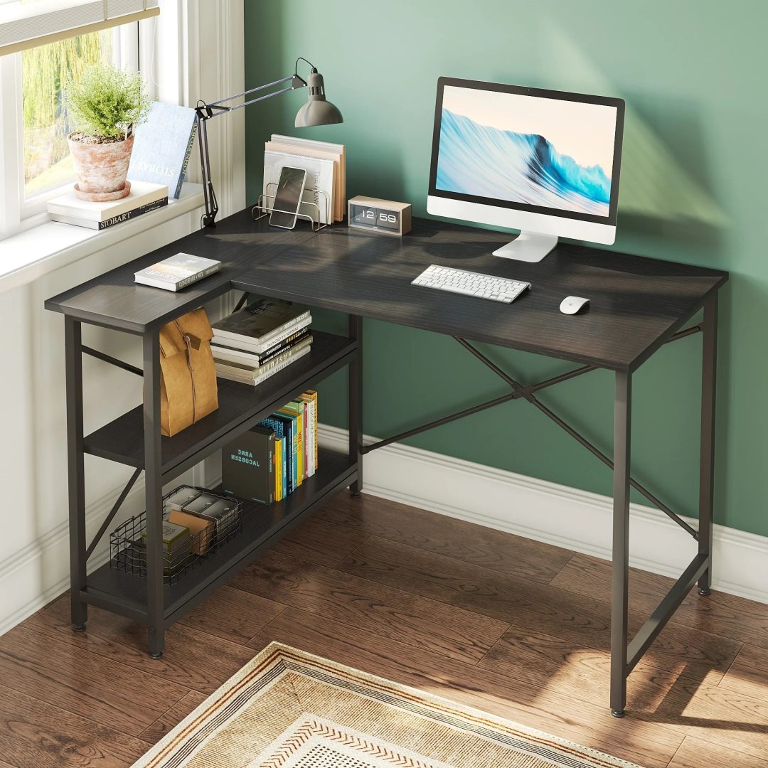 ZenVora Small L Shaped Computer Desk with Storage Shelves, Compact Corner Workstation for Home Office and Study