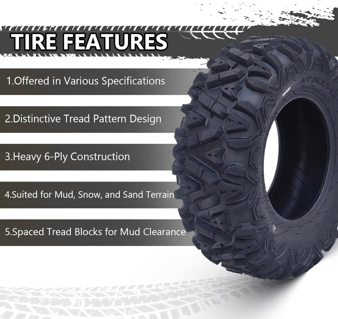 ZenVora Set of 2 26x12-12 6PR All-Terrain ATV/UTV Off-Road Tires, Black
