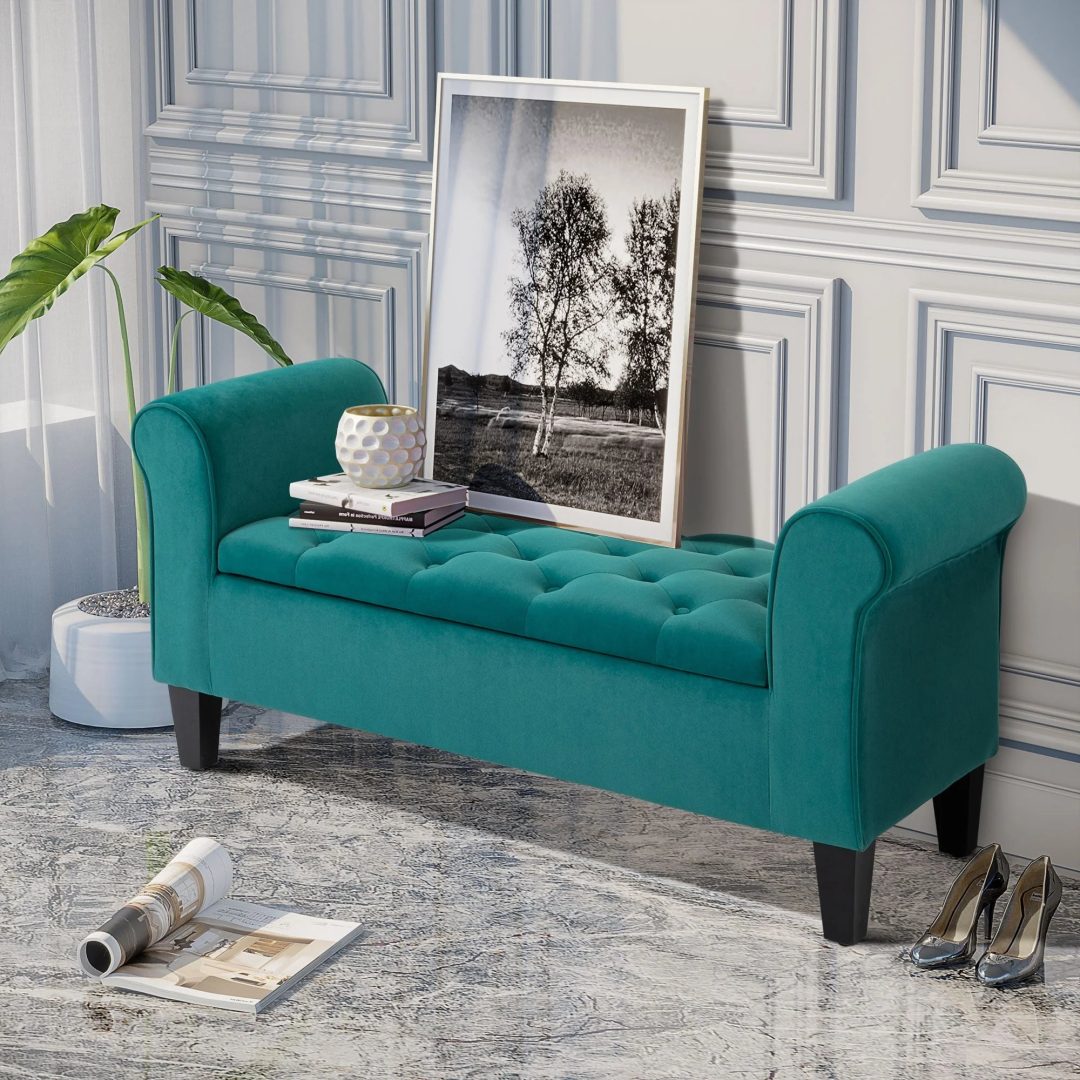 ZenVora Button-Tufted Storage Ottoman Bench, Upholstered Bed Bench with Rolled Armrests for Bedroom, Living Room and Hallway